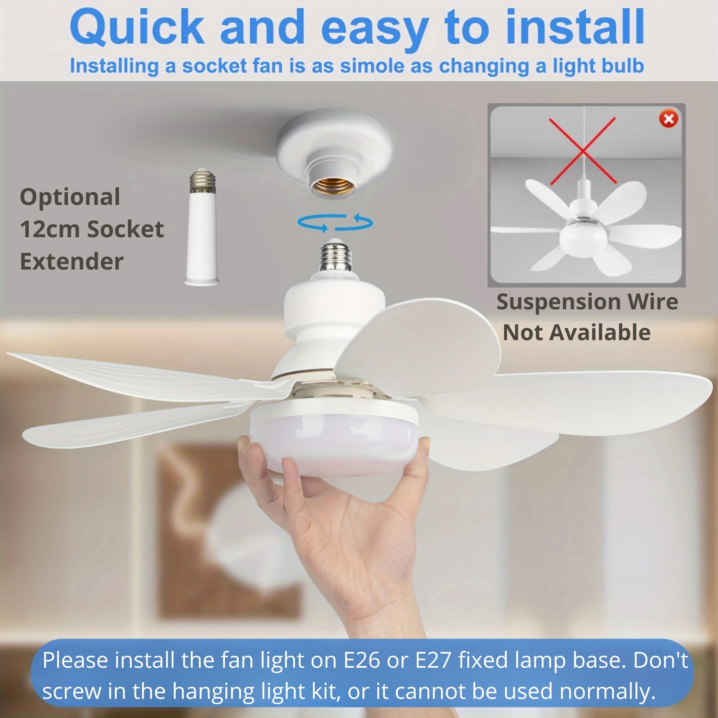 Ventilateur Plafonnier LED avec Télécommande – 52 cm, Culot E27